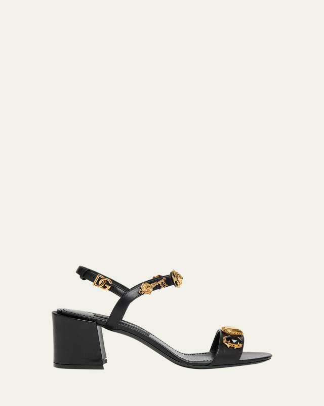 Stone Embellished Leather Block-Heel Sandals